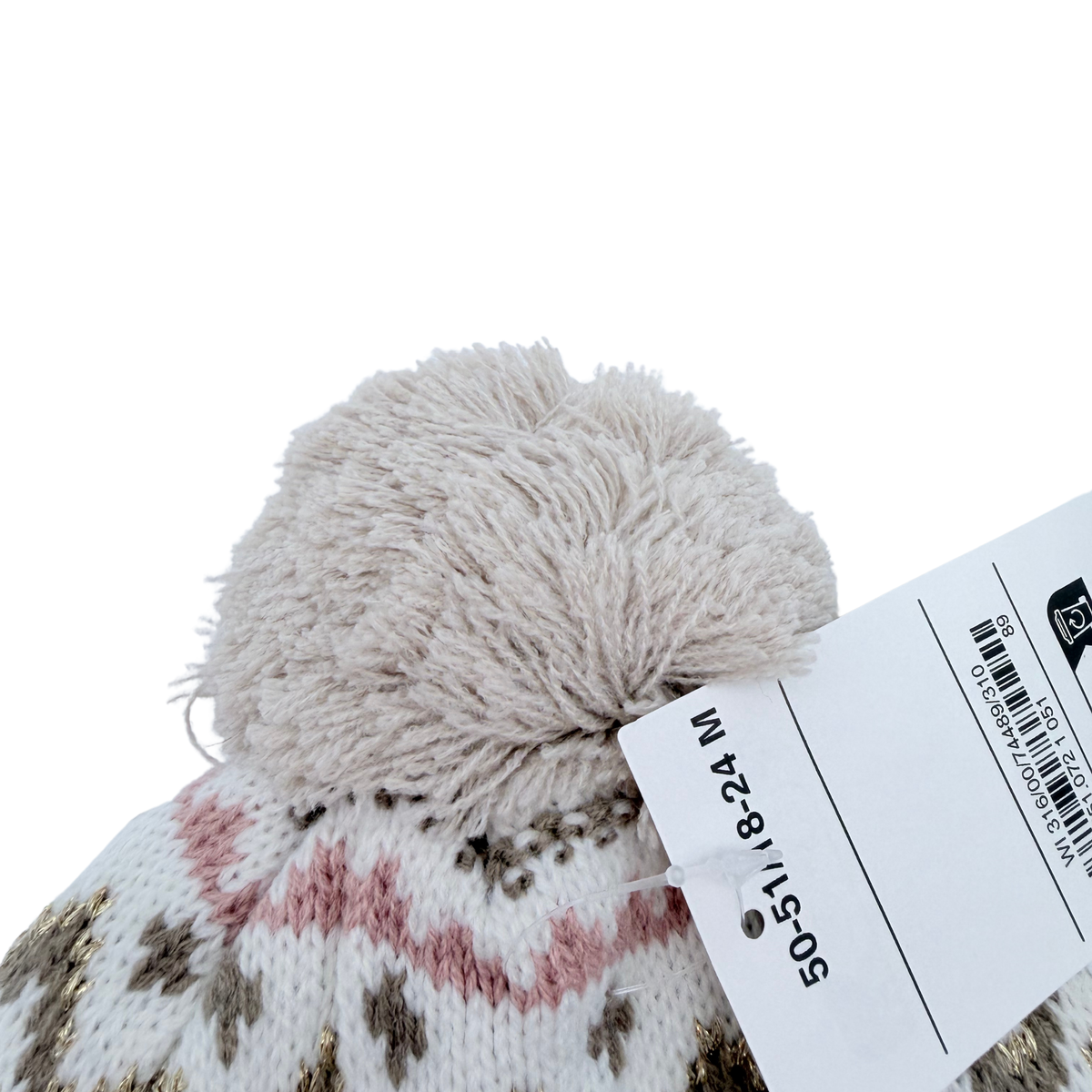 Bonnet bébé à pompon beige et rose motifs jacquard - 18-24 mois