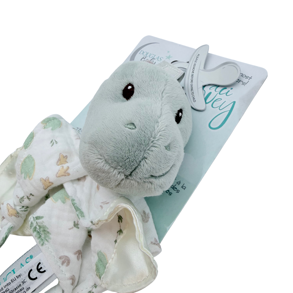 Doudou attache-sucette dinosaure vert d'eau