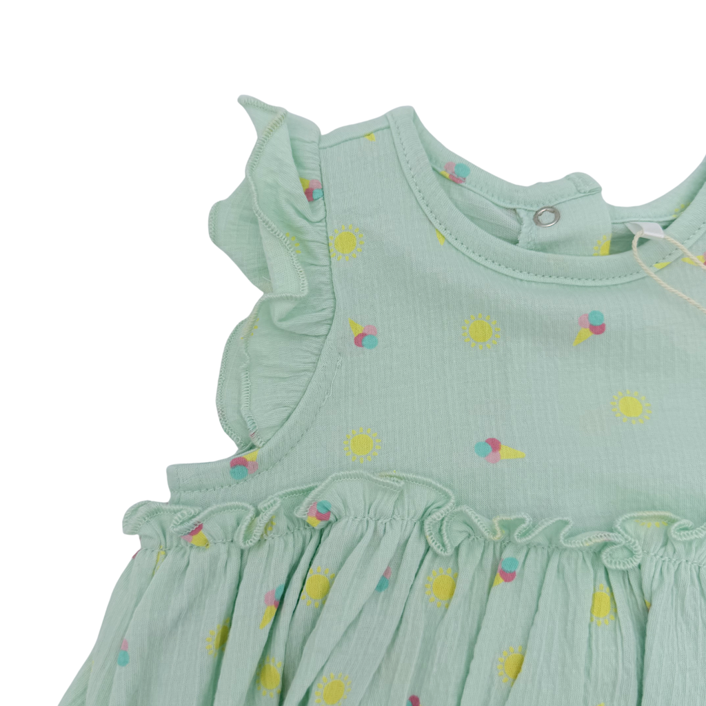 Robe-body vert d’eau imprimé soleils et glaces — 6 mois