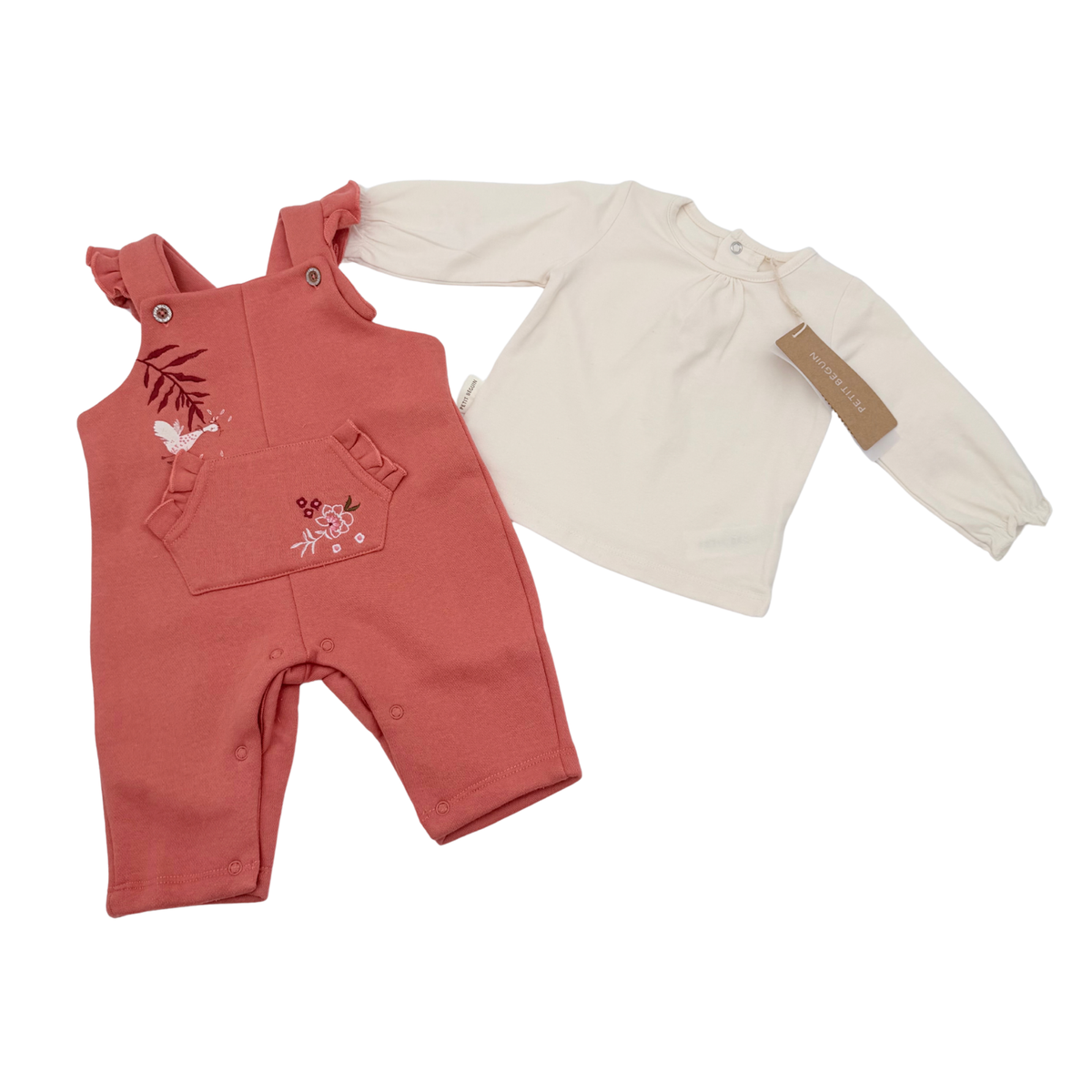 Ensemble bébé salopette corail brodée et haut écru - 3 mois