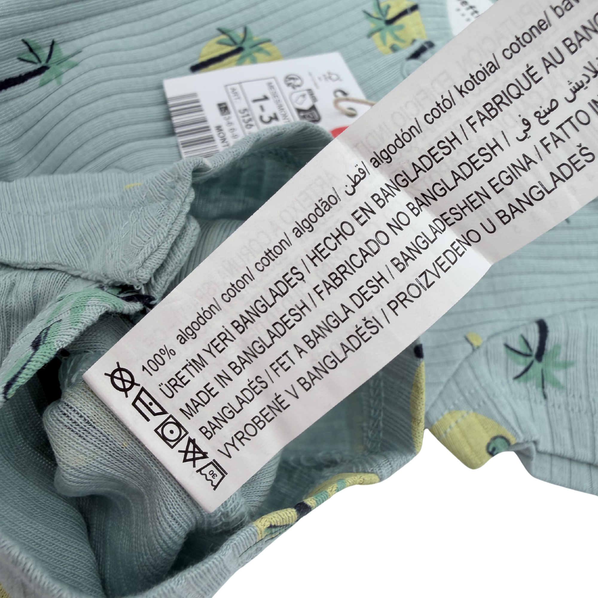 Combishort côtelé vert sauge imprimé palmiers — 1-3 mois