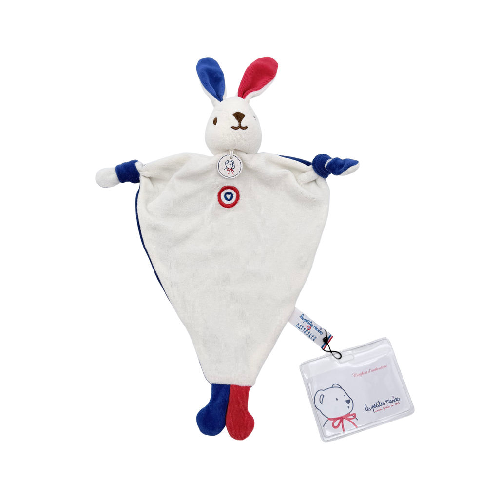 Doudou lapin Pitola tricolore bleu blanc rouge