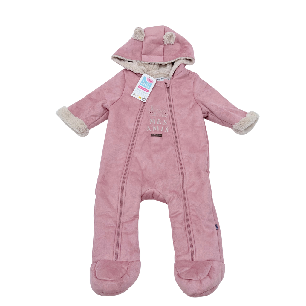 Combinaison pilote bébé rose à capuche et pieds intégrés - 6 mois
