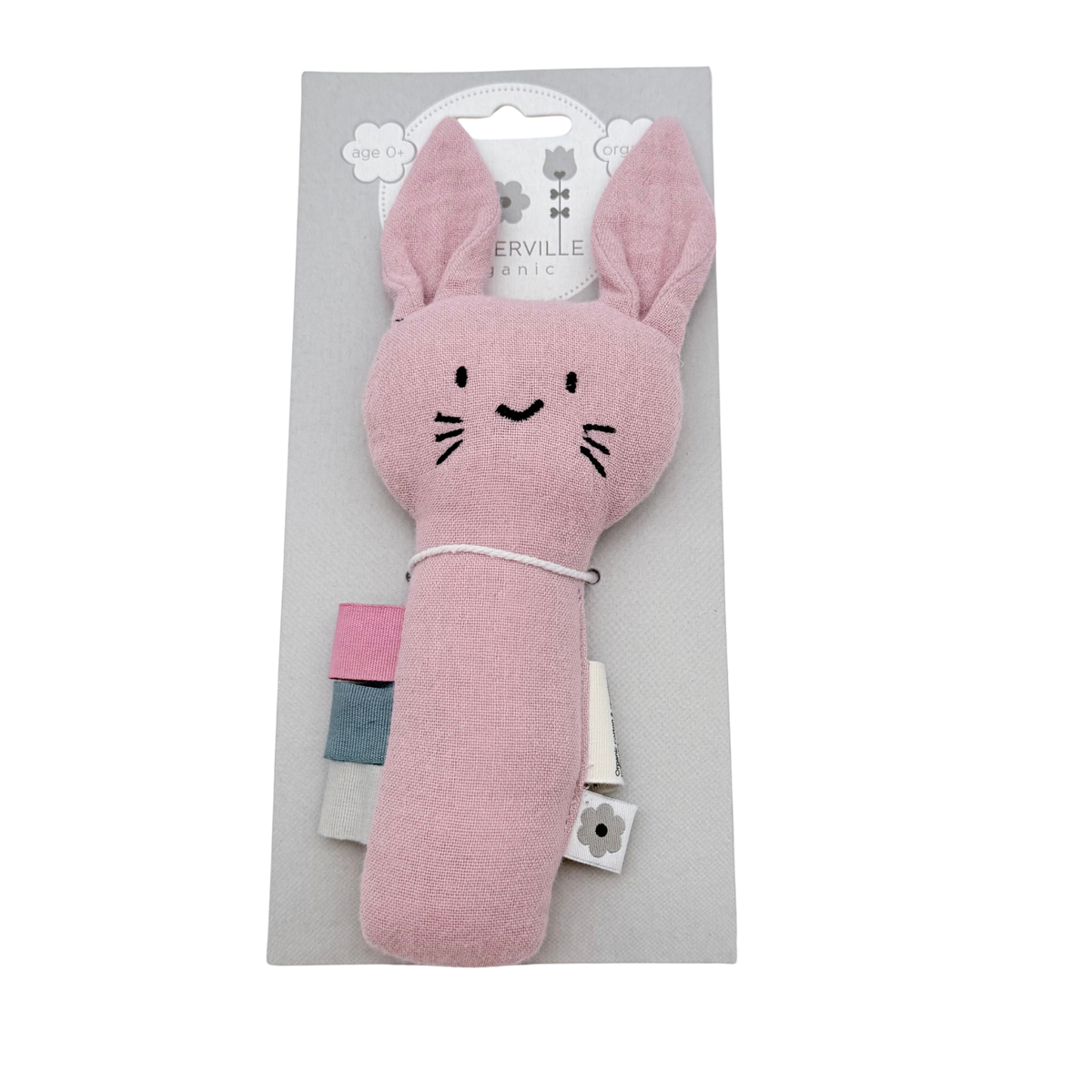 Hochet lapin rose pâle en coton biologique