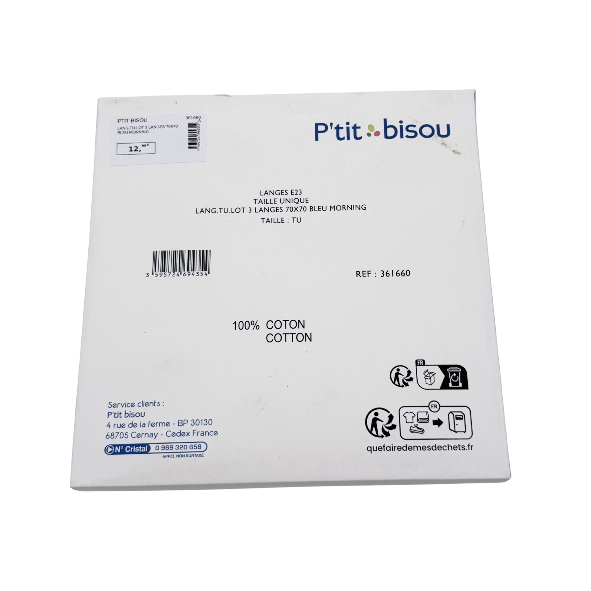 Lot de 3 langes en coton — 70 x 70 cm