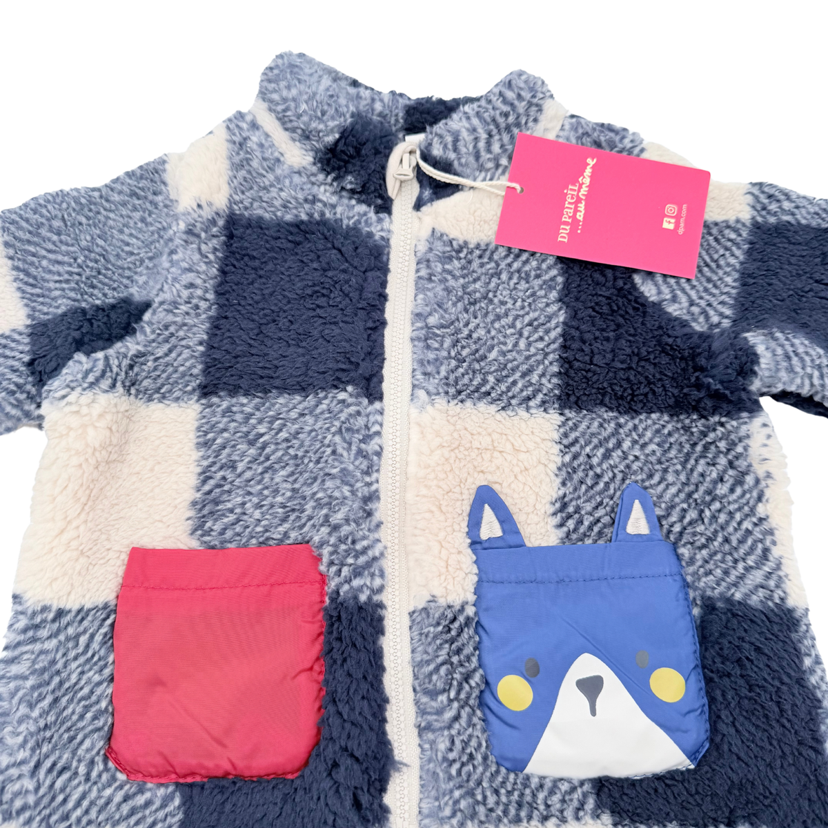 Veste bébé en sherpa à carreaux bleus et poches fantaisie - 6 mois
