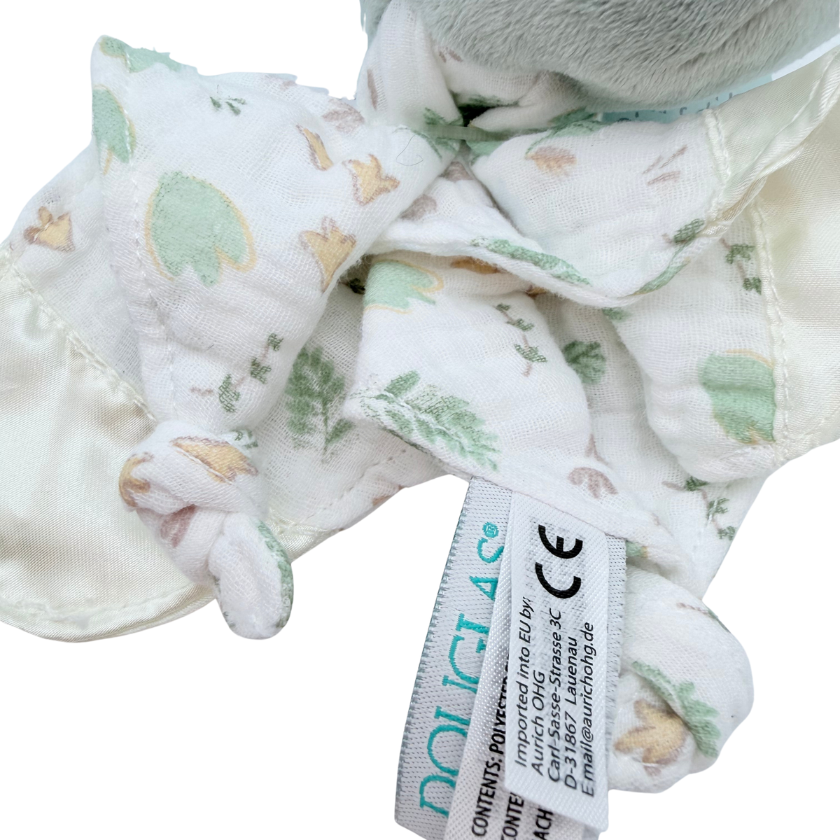 Doudou attache-sucette dinosaure vert d'eau
