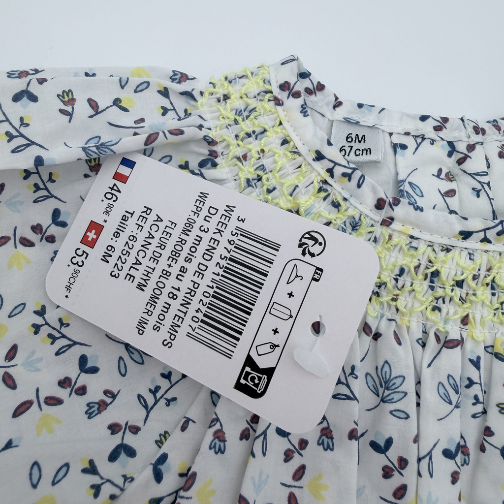 Robe fleurie blanche et bleu avec bloomer jaune — 6 mois