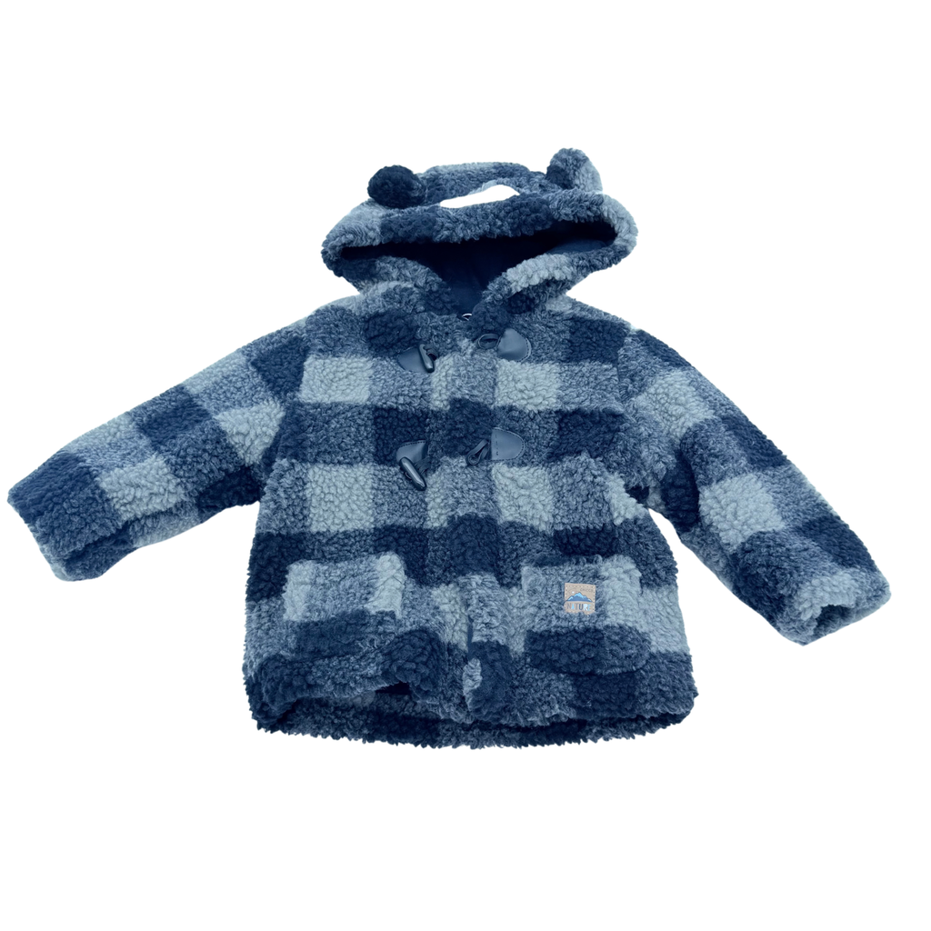 Manteau bébé en fausse fourrure à carreaux bleus - 15 mois