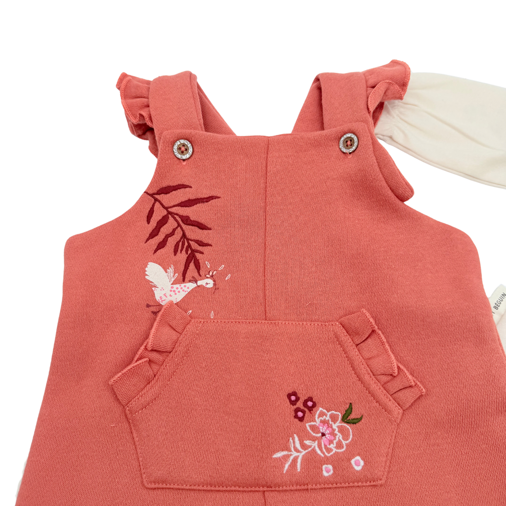 Ensemble bébé salopette corail brodée et haut écru - 3 mois