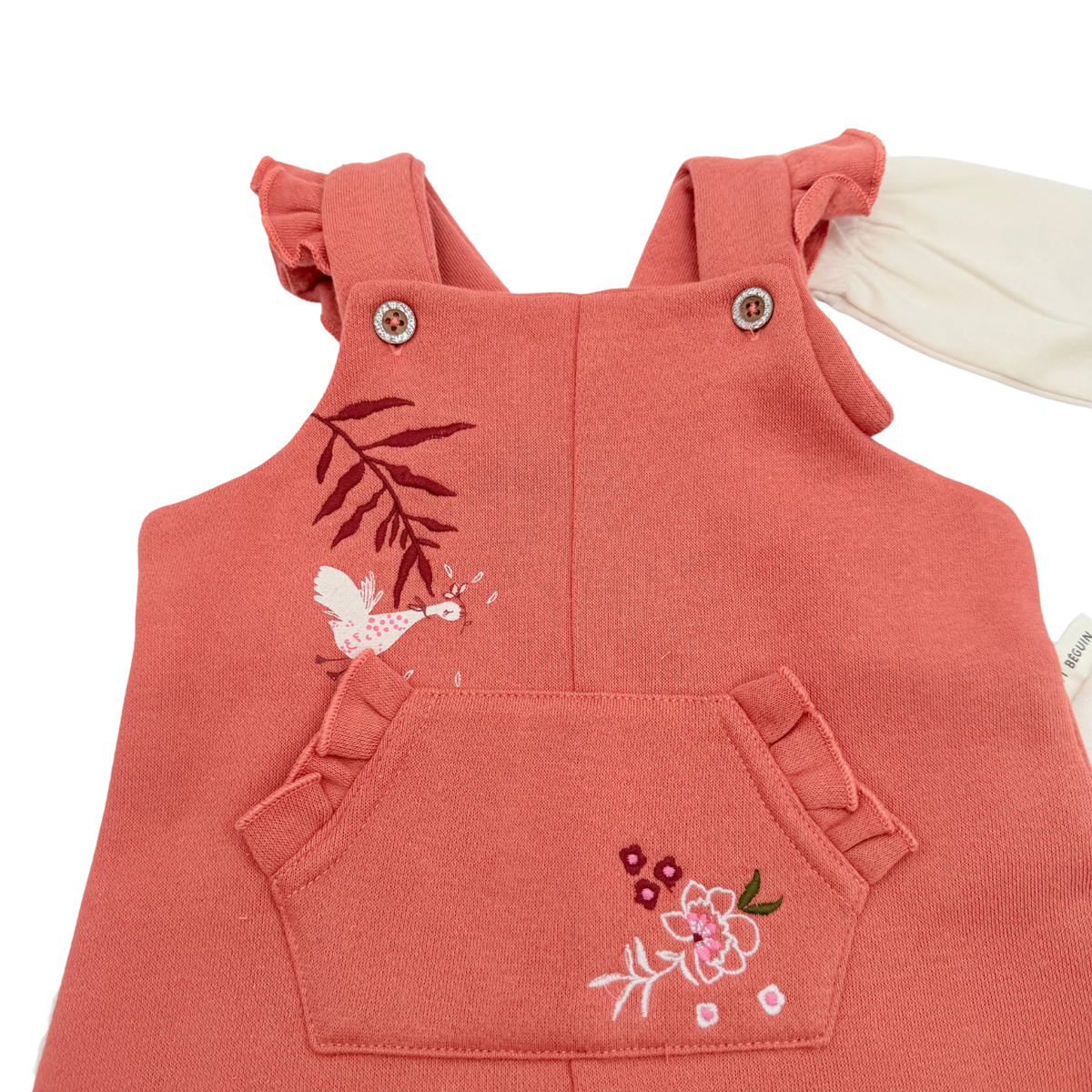Ensemble bébé salopette corail brodée et haut écru - 3 mois