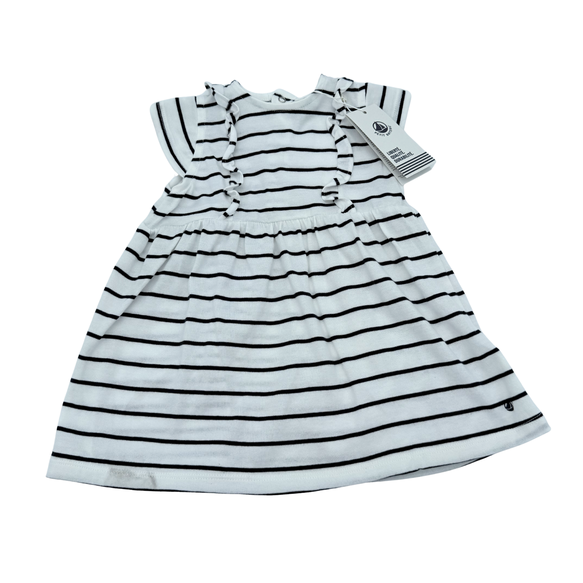Robe marinière blanche et noire à volants — 6 mois