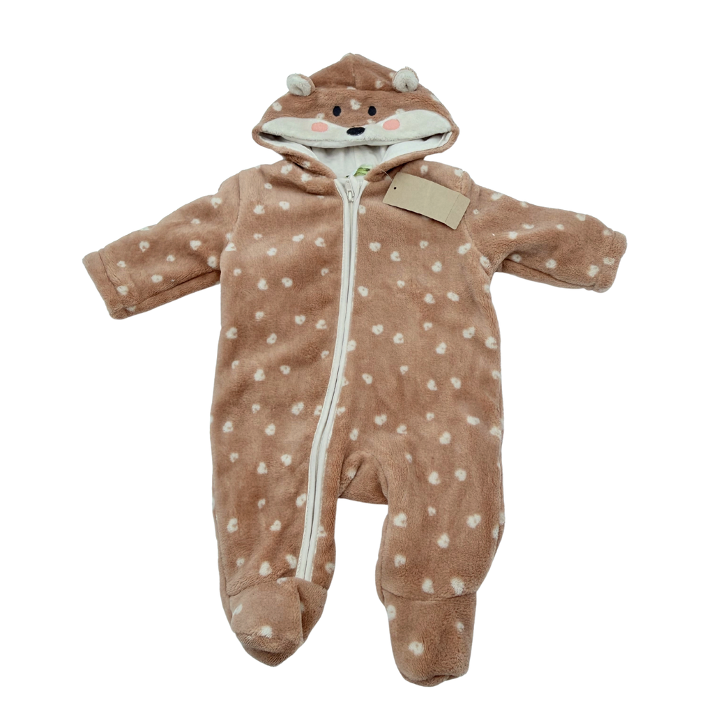 Combinaison pilote bébé marron à pois écrus et capuche animal - 1 mois