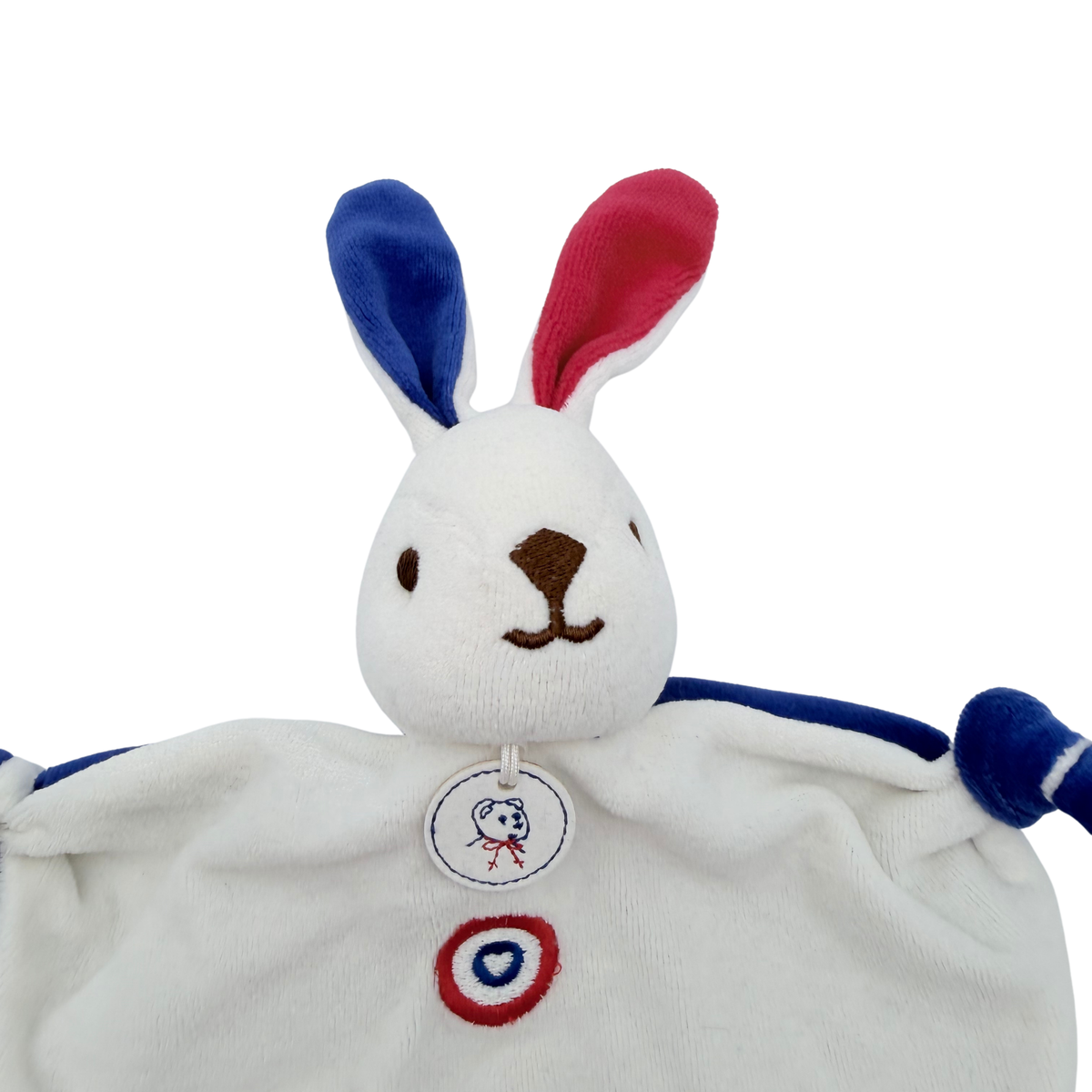 Doudou lapin Pitola tricolore bleu blanc rouge