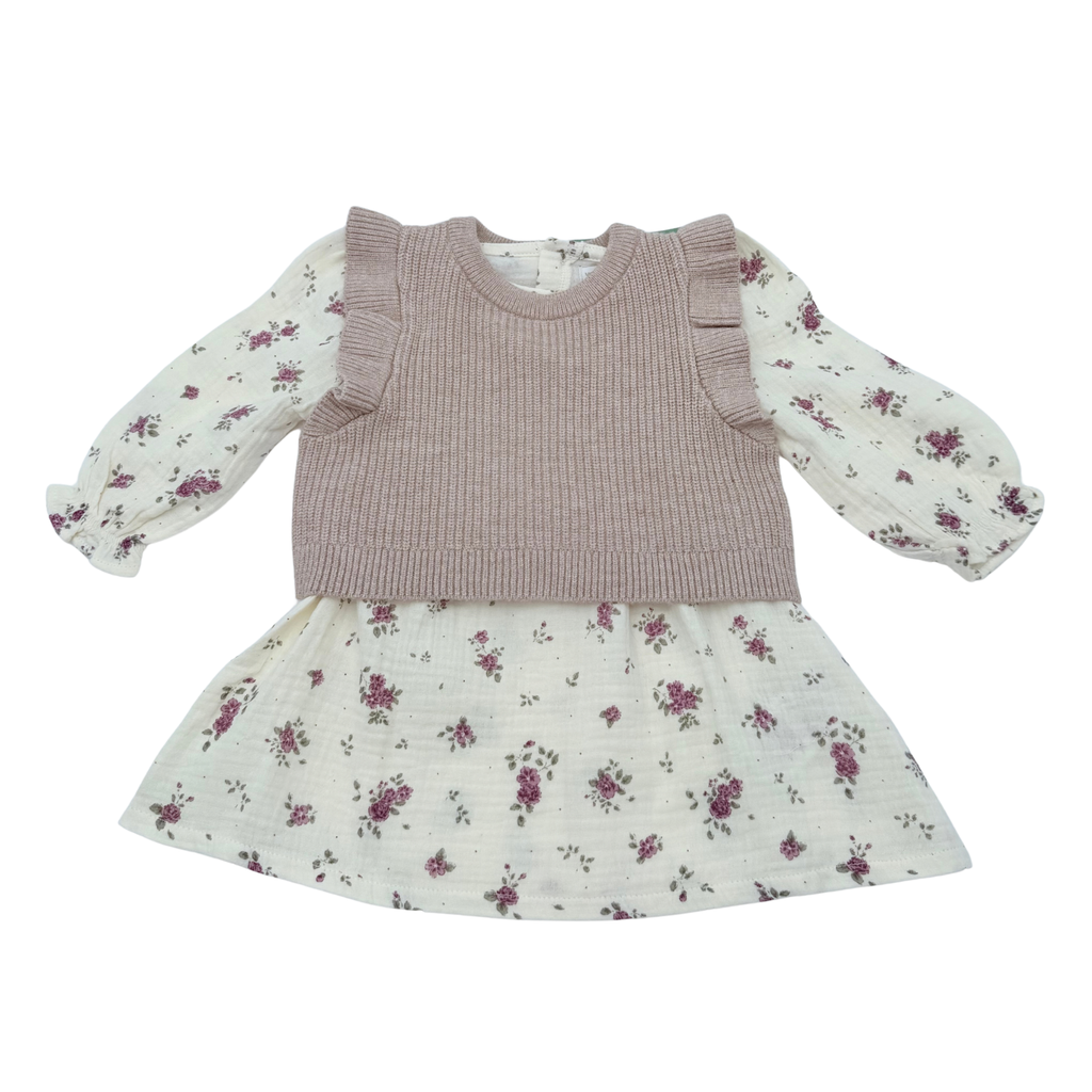 Ensemble bébé robe fleurie et pull sans manches beige - 6 mois