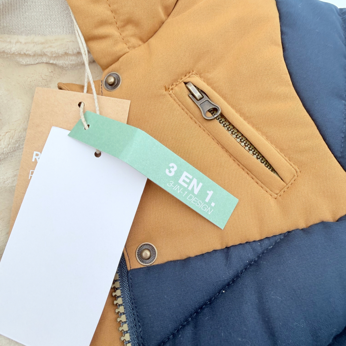 Parka bébé 3 en 1 bleu marine et camel à capuche - 6 mois