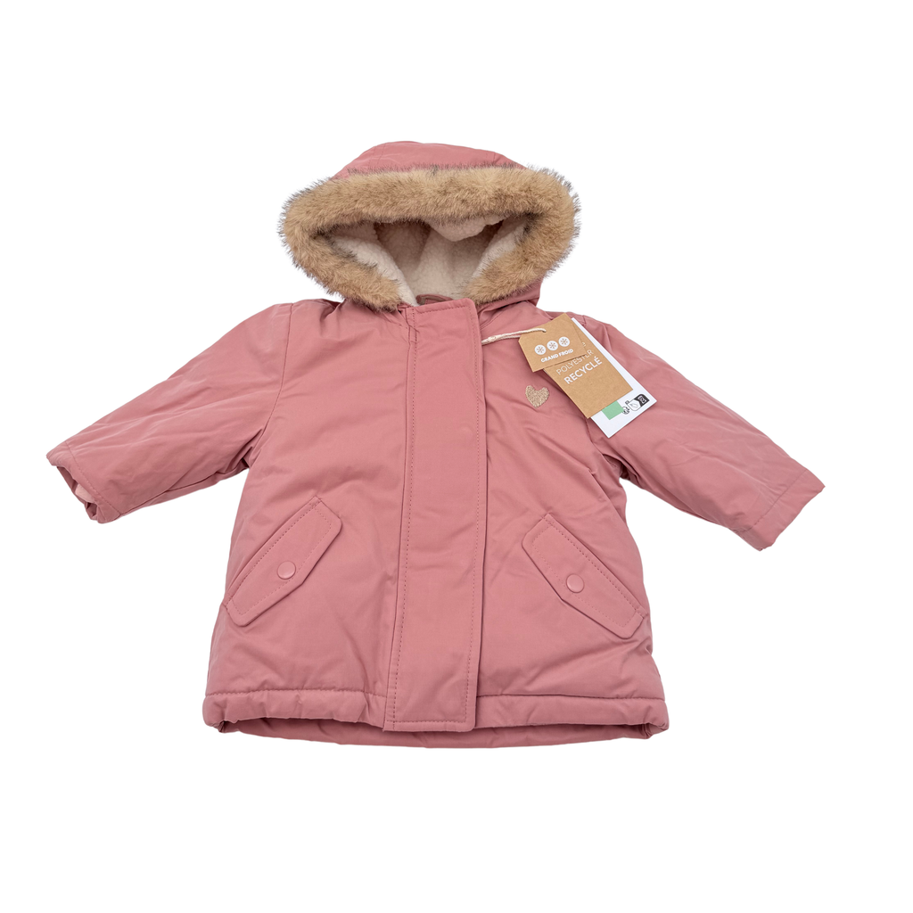 Parka bébé fille rose poudré 3 en 1 à capuche fourrée - 6 mois