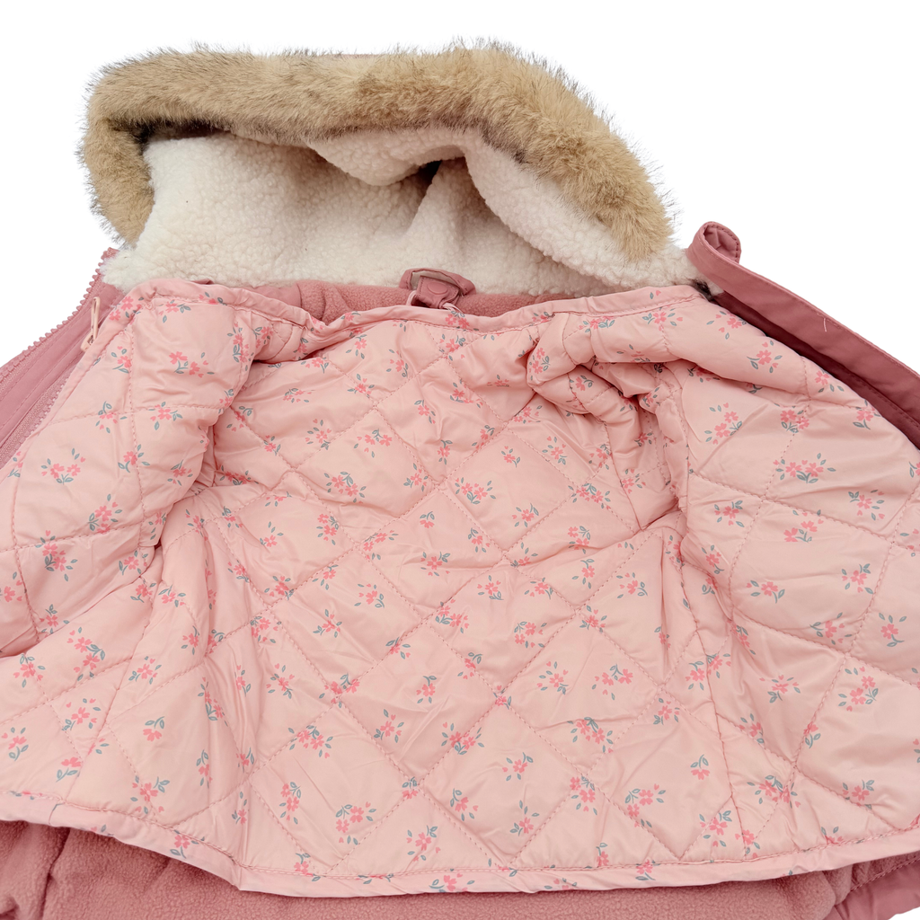 Parka bébé fille rose poudré 3 en 1 à capuche fourrée - 6 mois