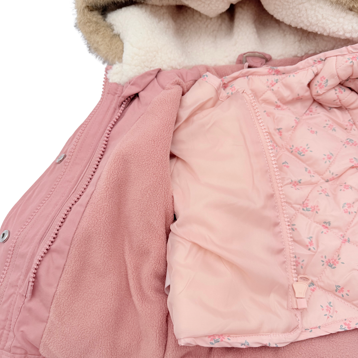 Parka bébé fille rose poudré 3 en 1 à capuche fourrée - 6 mois