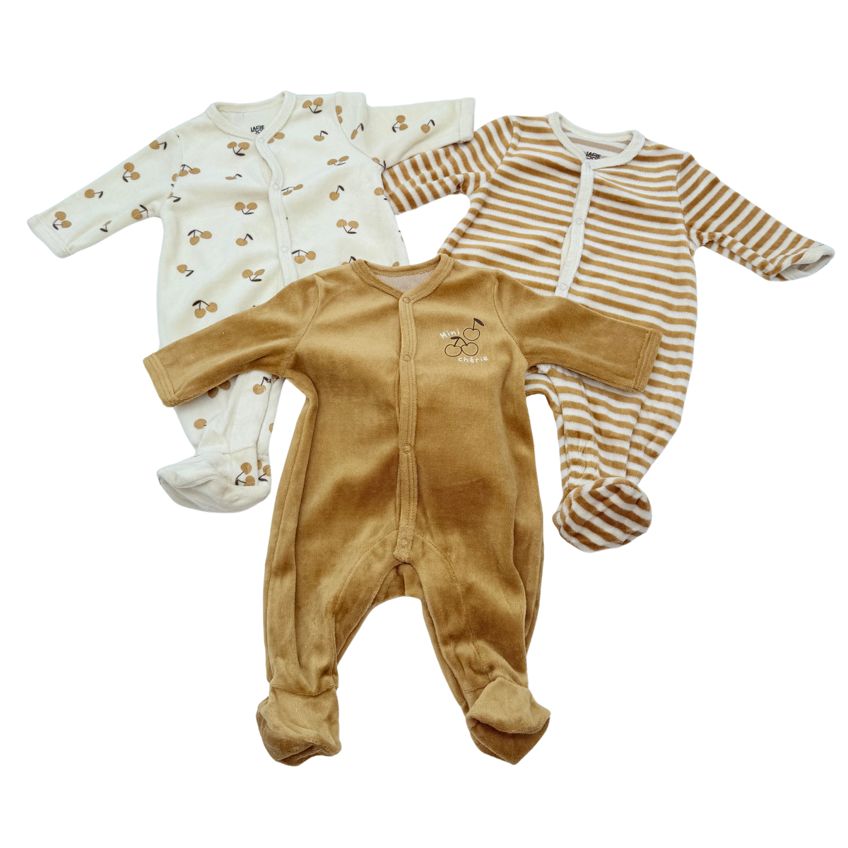 Lot de 3 pyjamas en velours beige et écru - 1 mois