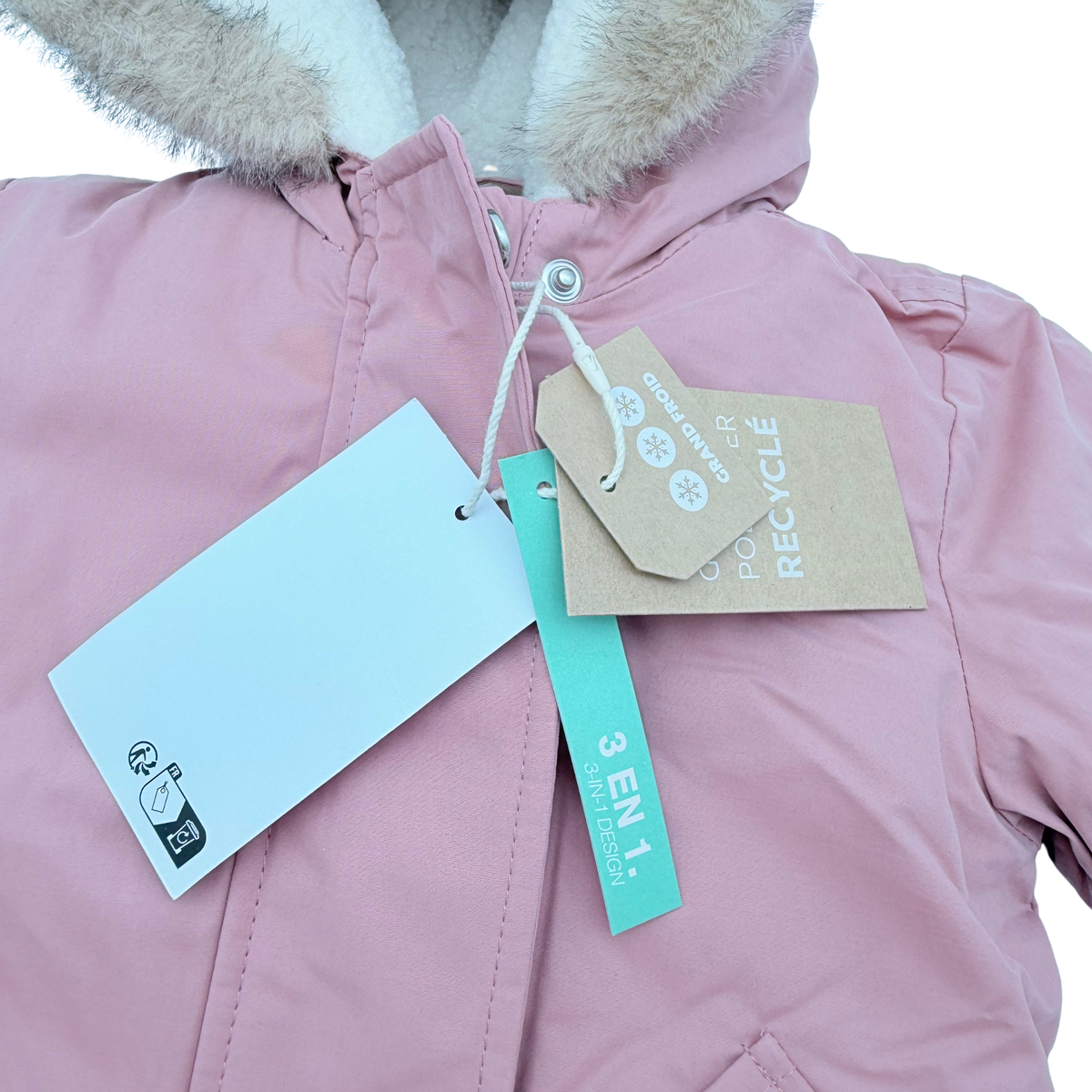 Parka bébé fille rose poudré 3 en 1 à capuche fourrée - 6 mois