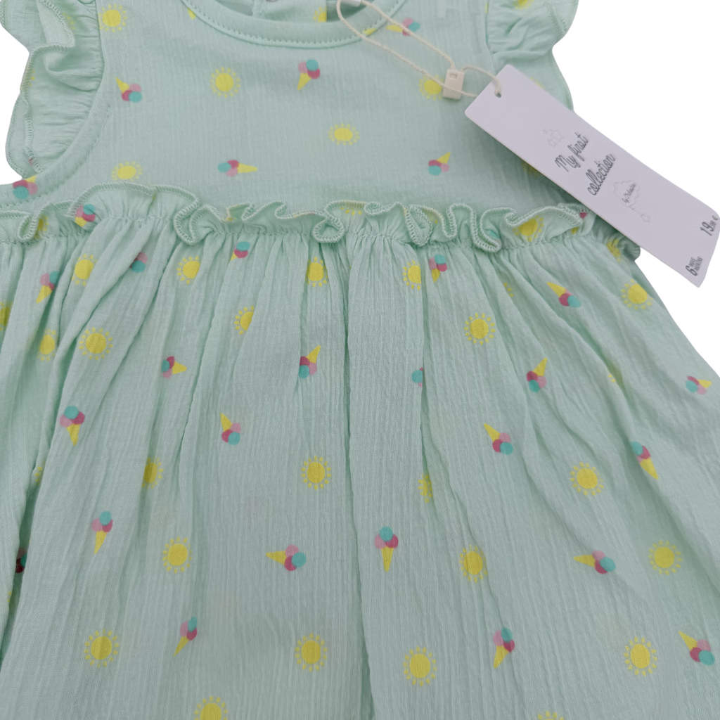 Robe-body vert d’eau imprimé soleils et glaces — 6 mois