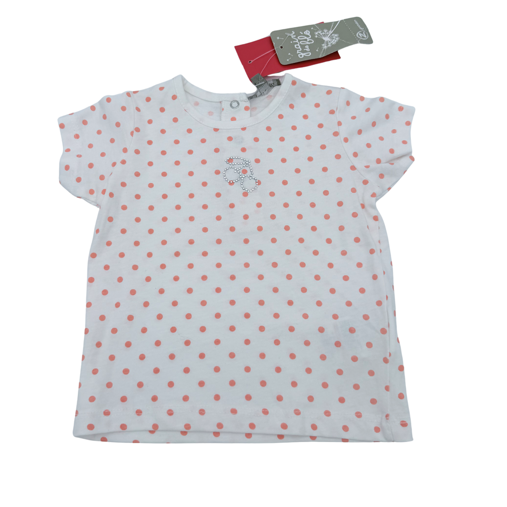 T-shirt blanc à pois corail — 6 mois
