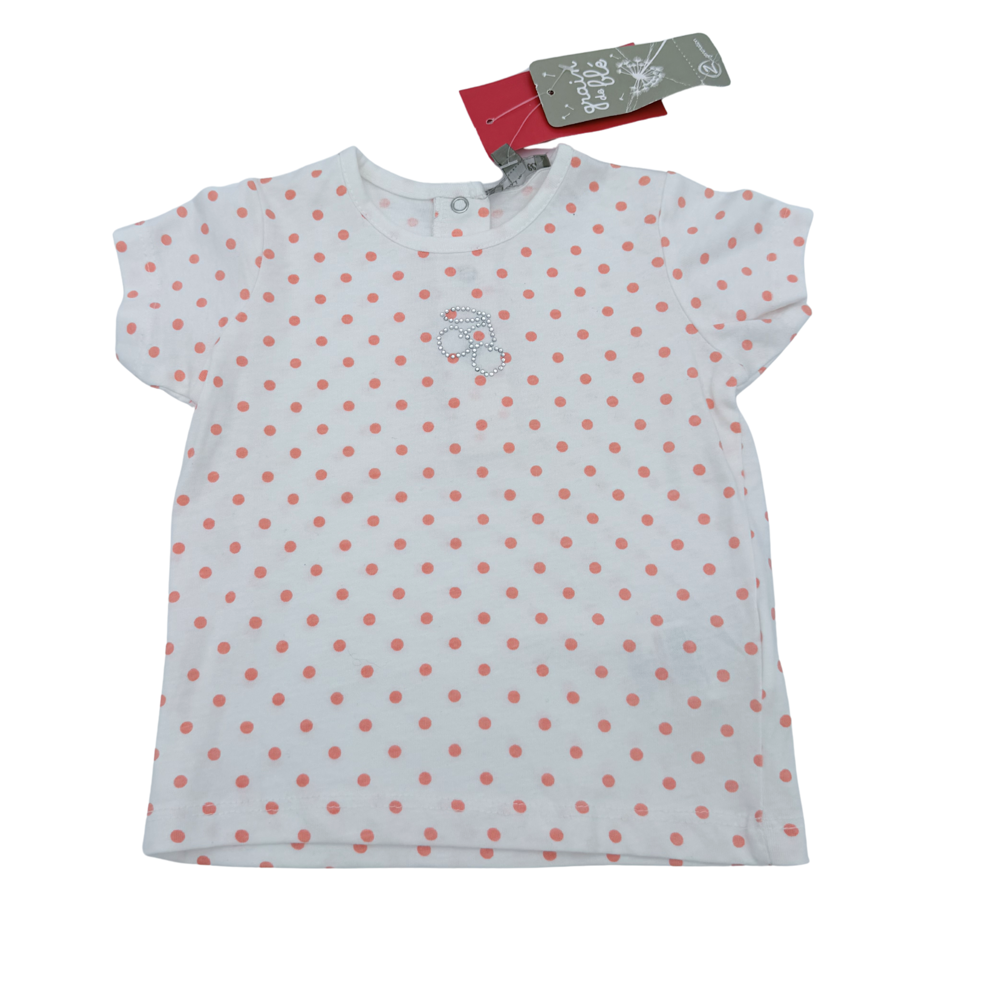 T-shirt blanc à pois corail — 6 mois
