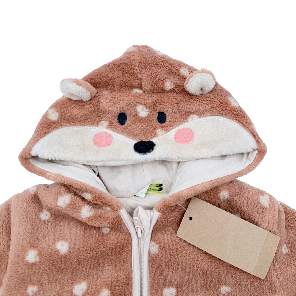 Combinaison pilote bébé marron à pois écrus et capuche animal - 1 mois