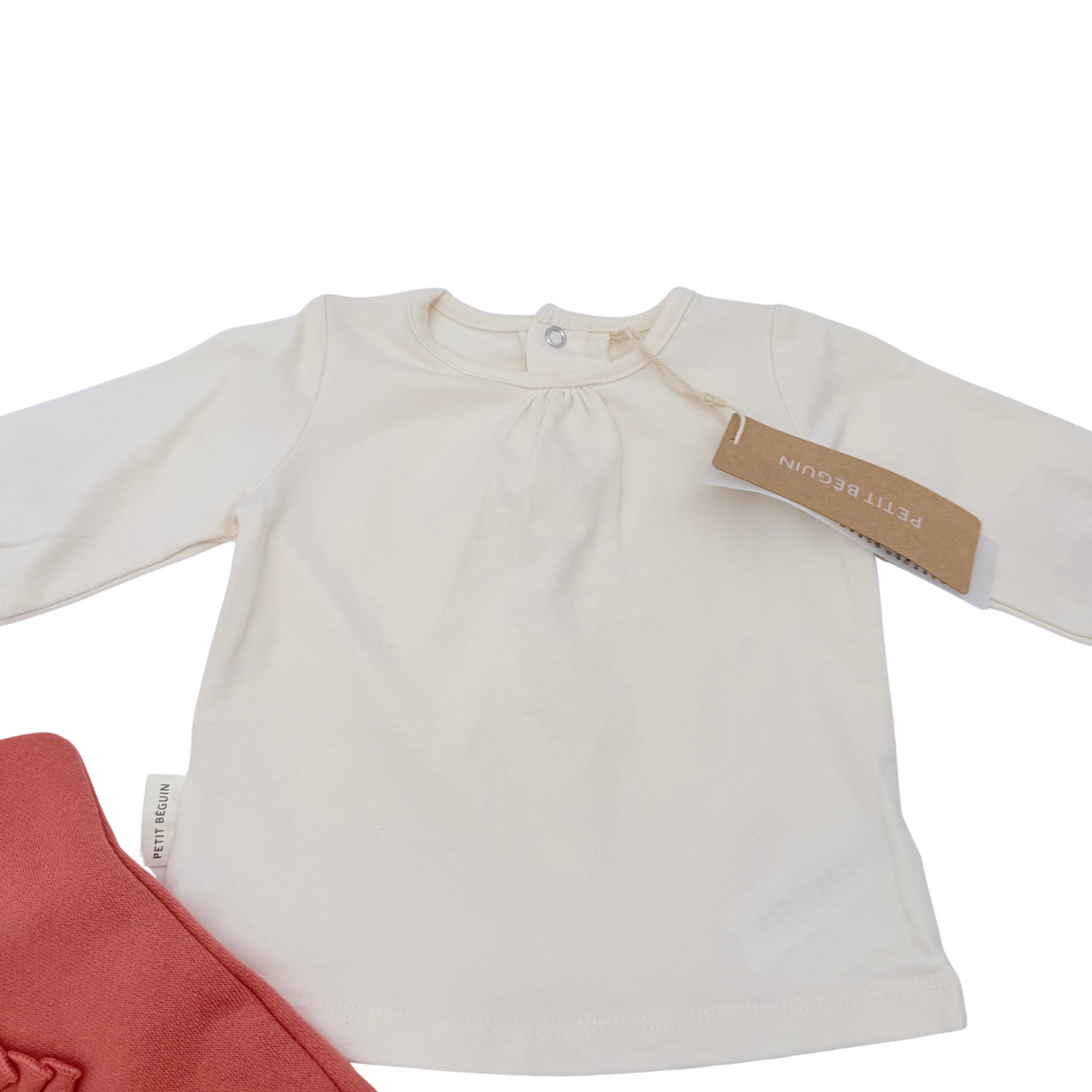 Ensemble bébé salopette corail brodée et haut écru - 3 mois