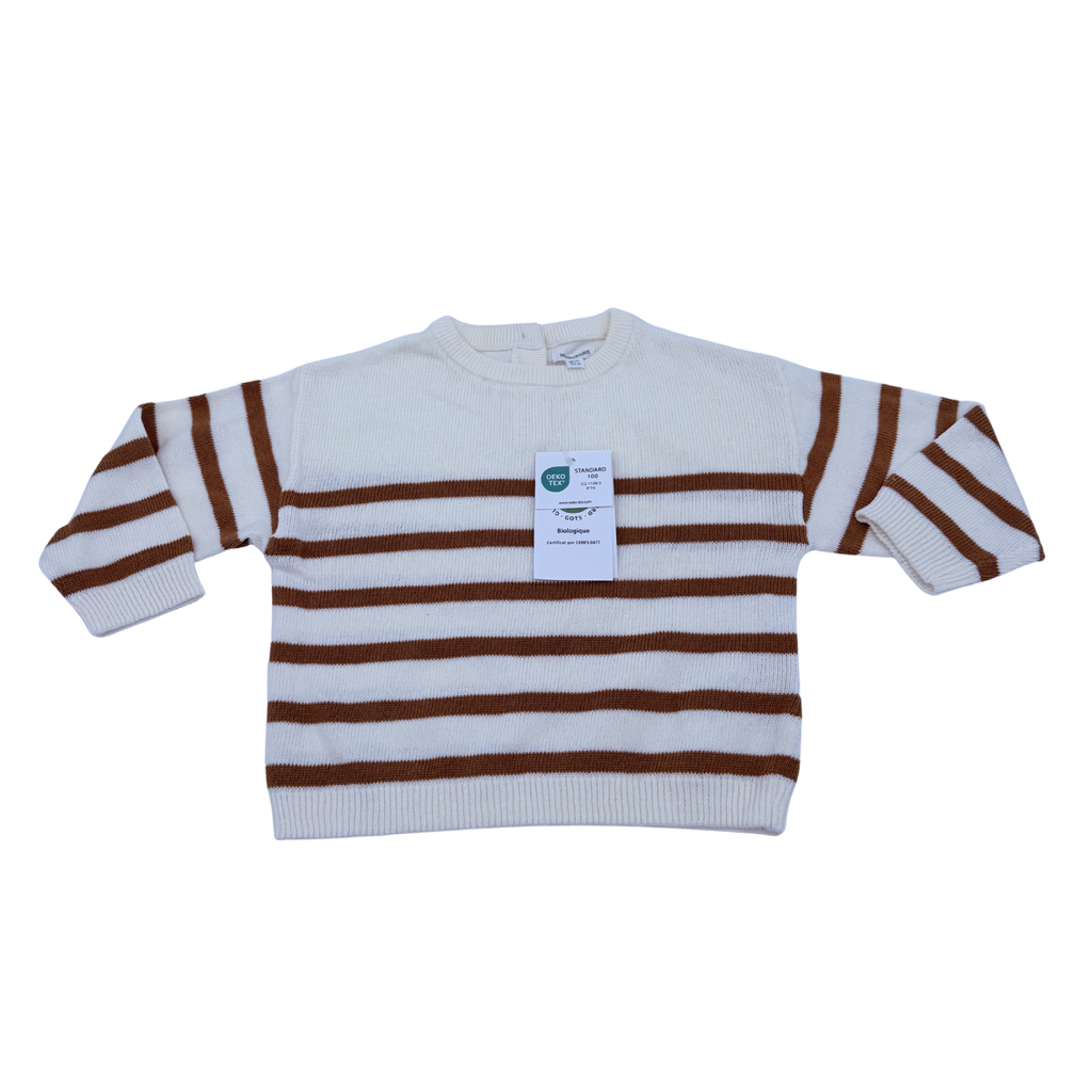 Pull marinière écru et camel en maille — 24 mois
