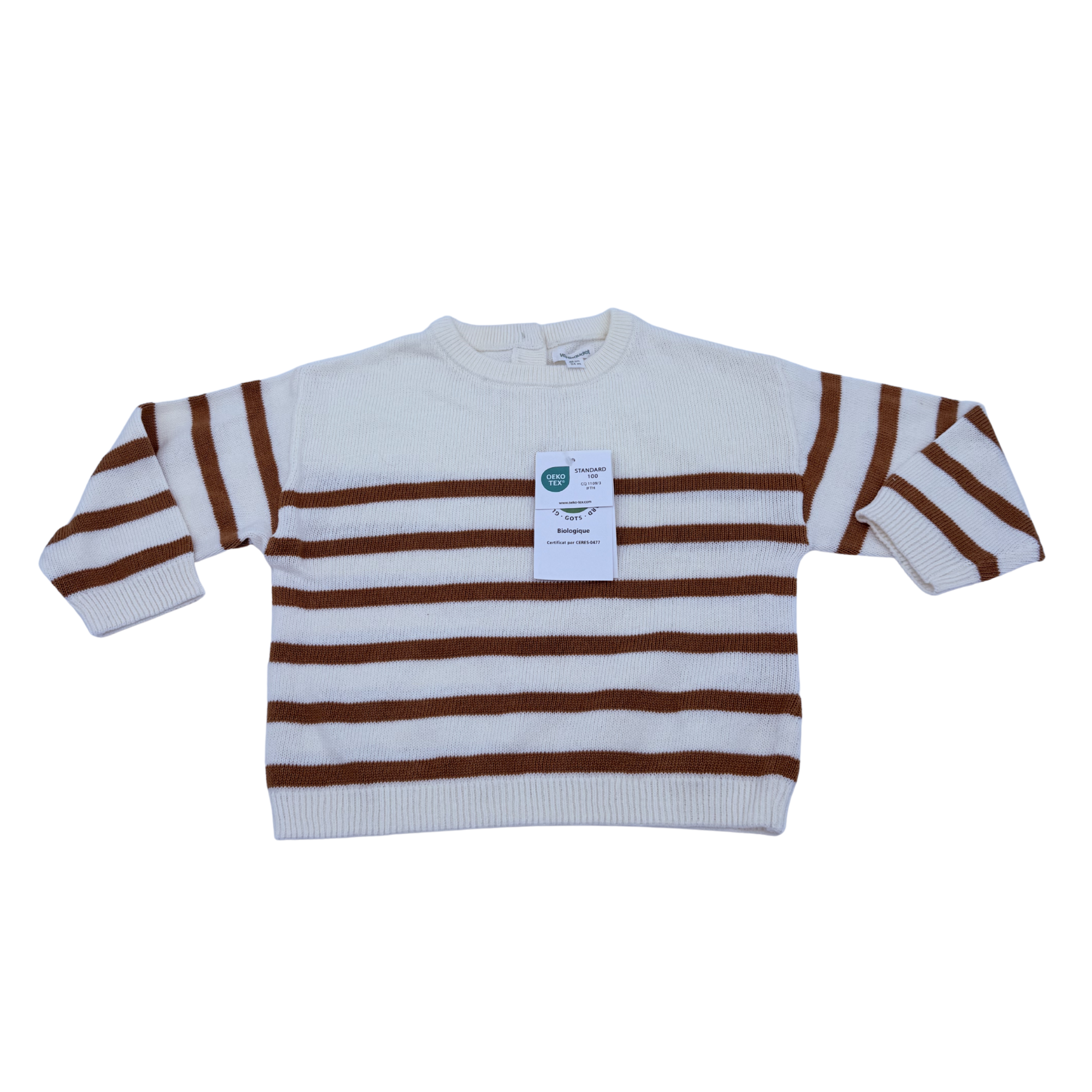 Pull marinière écru et camel en maille — 24 mois