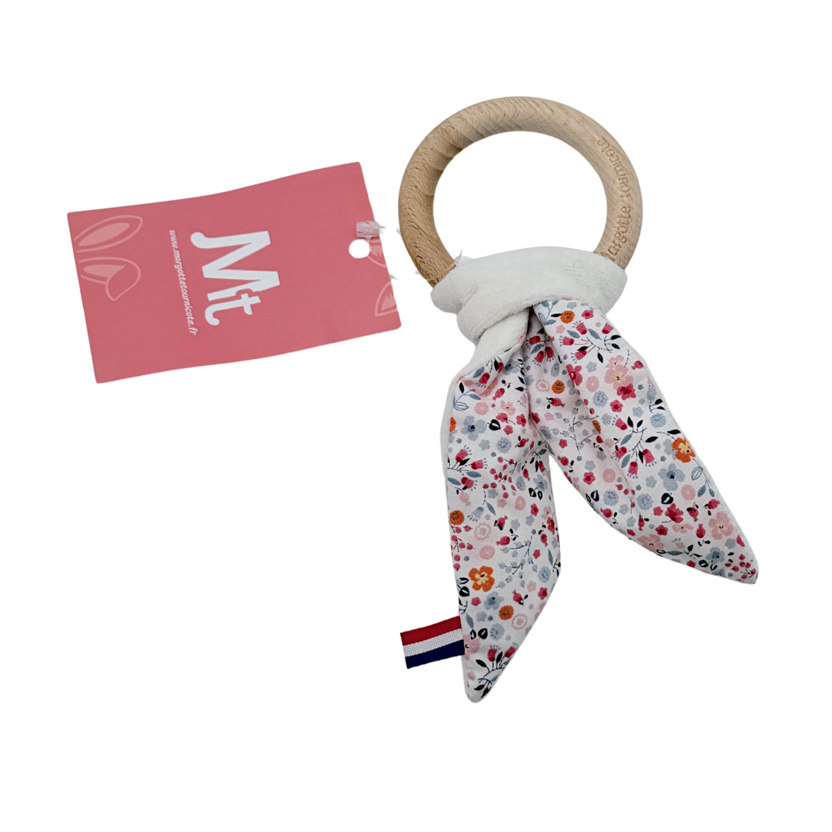 Hochet de dentition oreilles de lapin en bois naturel et tissu fleuri