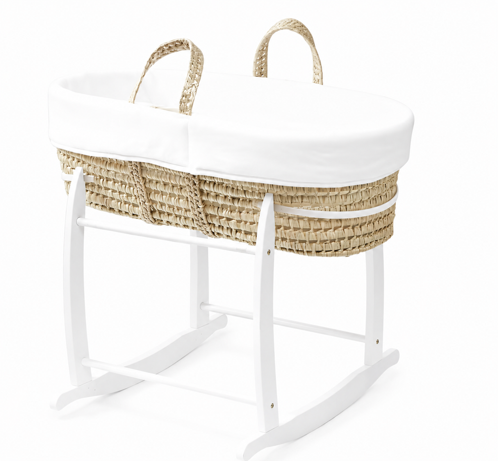 Couffin bébé en palme naturelle avec support à bascule blanc