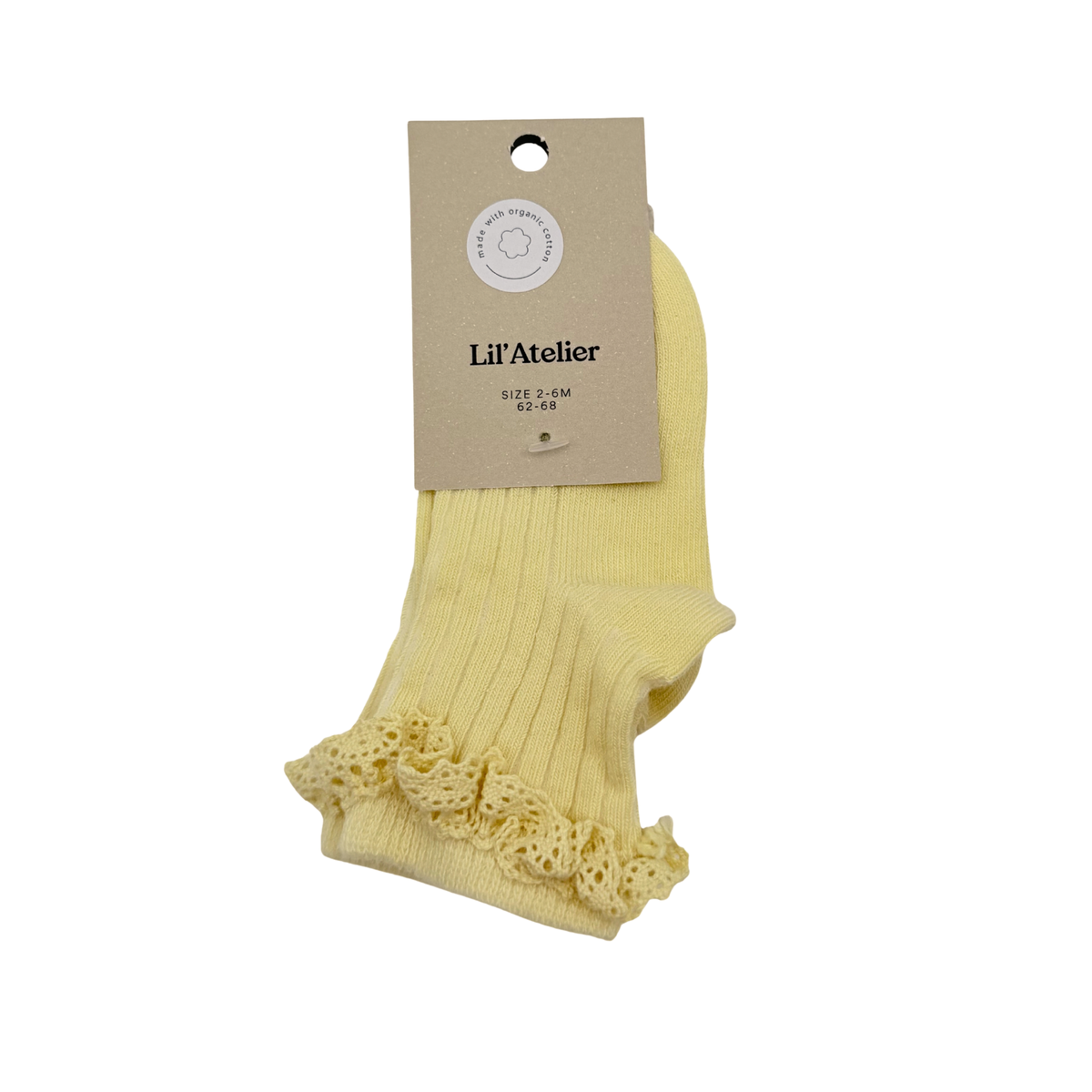 Chaussettes bébé jaunes en coton biologique à bordure dentelle - 2-6 mois