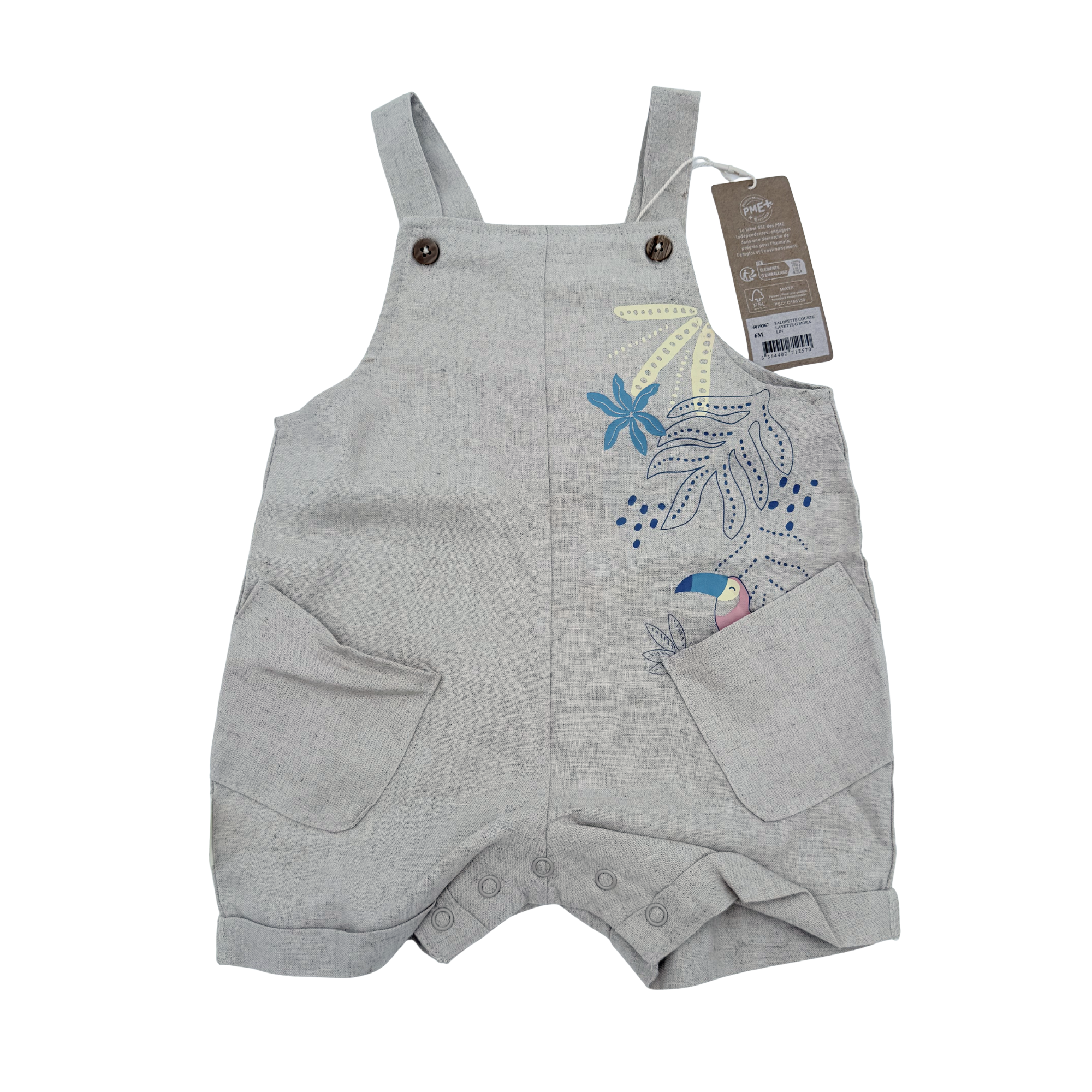Salopette short en lin beige imprimé tropical — 6 mois