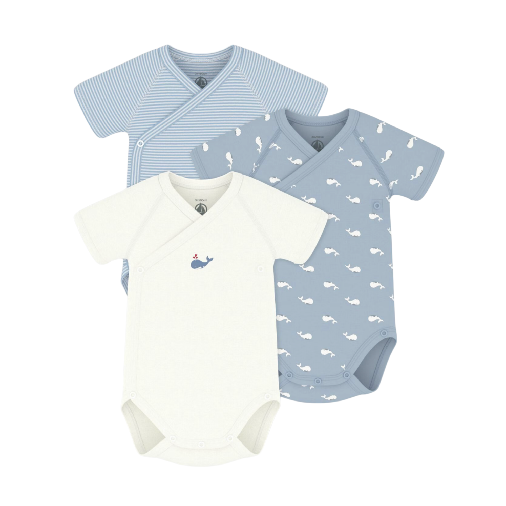 Lot de 3 bodies croisés manches courtes motif baleines - 3 mois